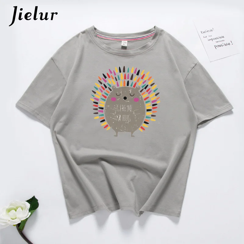 Jielur корейский стиль Ежик печатных Kawaii Футболка белая Базовая футболки хлопок для