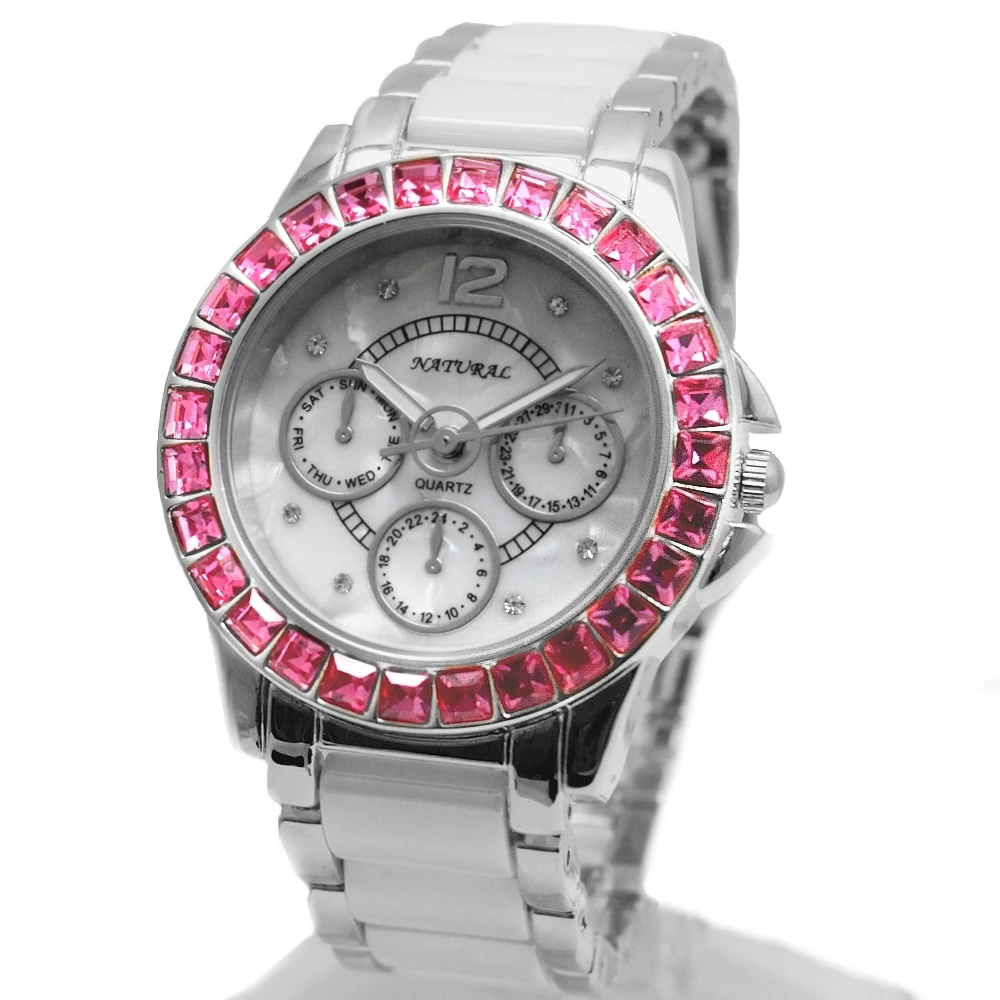 FW830V Новинка женские водоустойчивые часы с белым циферблатом, керамическим браслетом и розовыми кристаллами