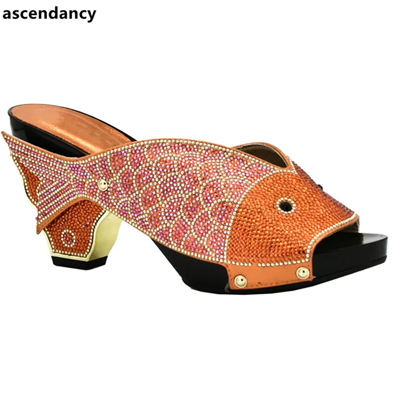 

Latest Orange Color Shoes African Women Wedding Shoes High Quality Elegant Italian Women Shoes with Stone High Heels Women Pumps