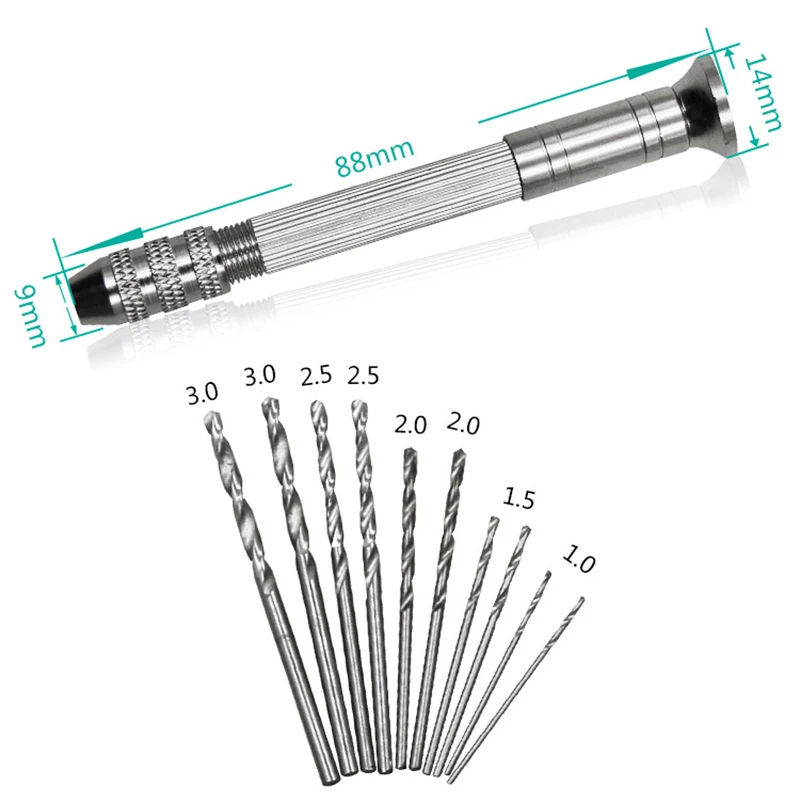 

Mini Manual Aluminum Hand Drill With Keyless Chuck +10pcs Twist Micro Drill Bit Woodworking Drilling Rotary Tools