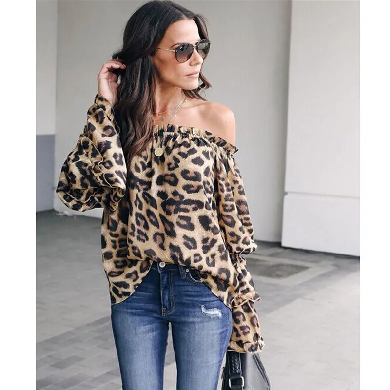 Модные повседневные свободные женские леопардовые топы с длинными рукавами, рубашка с открытыми плечами, пуловер, блузка, осенняя одежда - Цвет: Хаки
