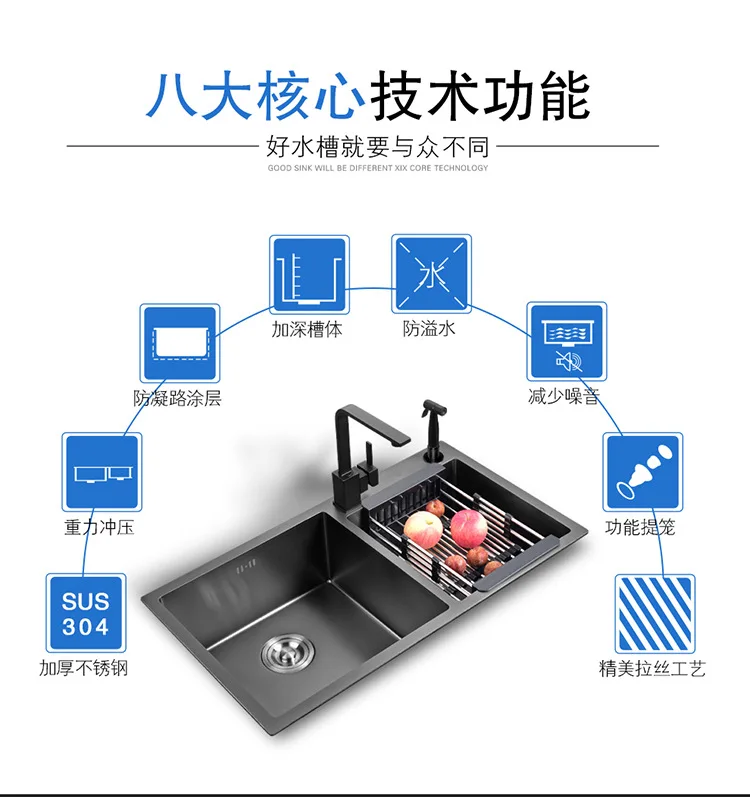 Нанометровая Антибактериальная черная ручная двойная паза больше 304 кухонная раковина из нержавеющей стали раковины раковина пакеты чаша