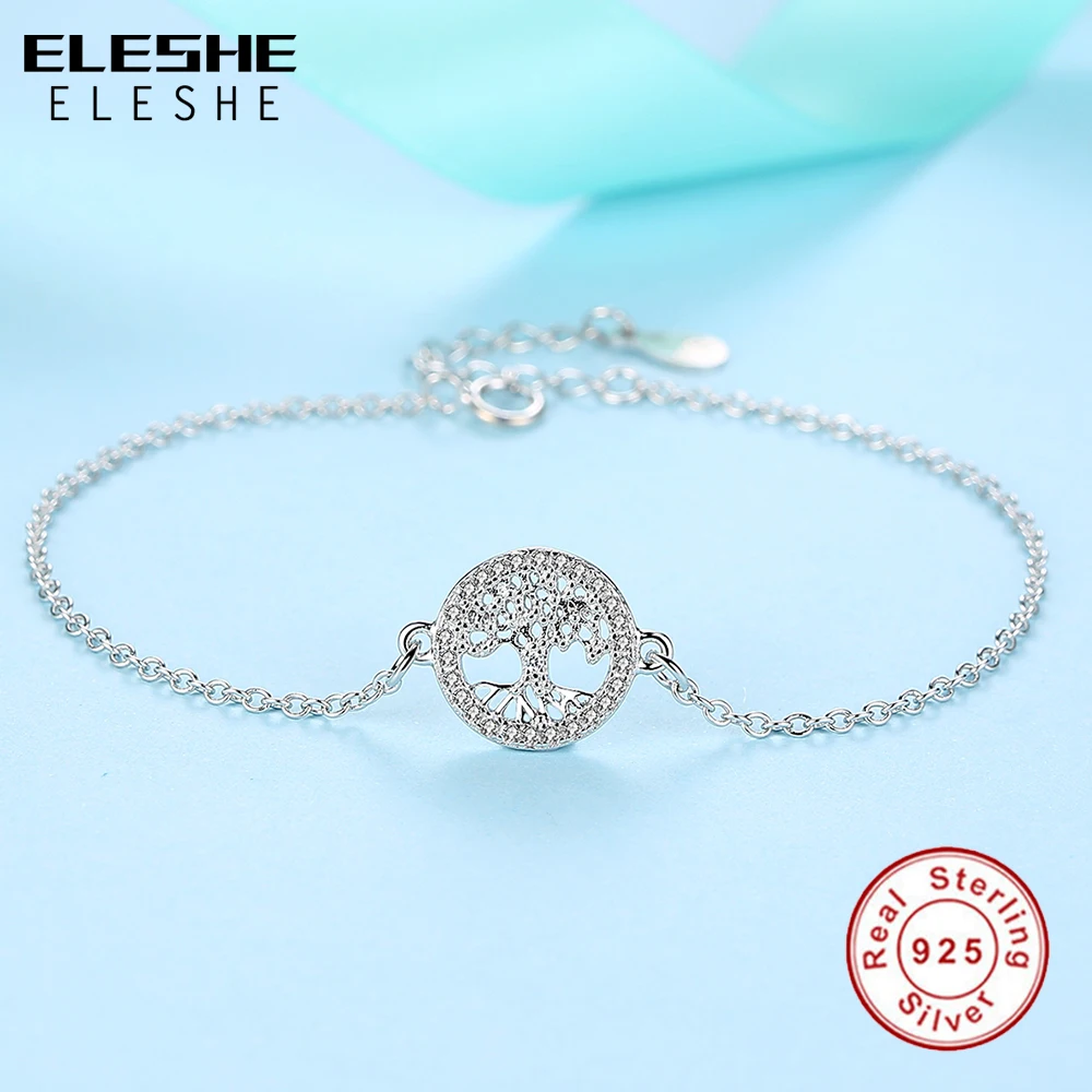 ELESHE 925 Sterling Silver Tree of Life Link Chain Bracelet Cubic Zirconia Charm Bracelet for Women Fashion Jewelry Pulseiras