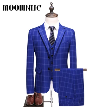 

Blue New Groomsman dress Three piece set Plaid Business Casual Suits Trousers Vest Classic Men MOOWNUC Fashion Woollen 4XL 5XL