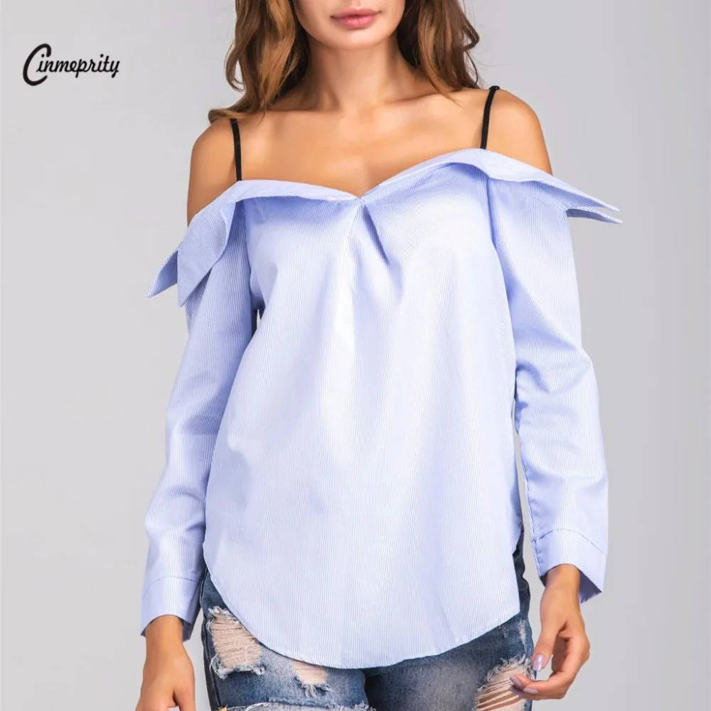 Cinmeprity Stripes Fine Harness Sexy Off Shoulder Tops Feminina Blusas Long Sleeve font b Blouse b