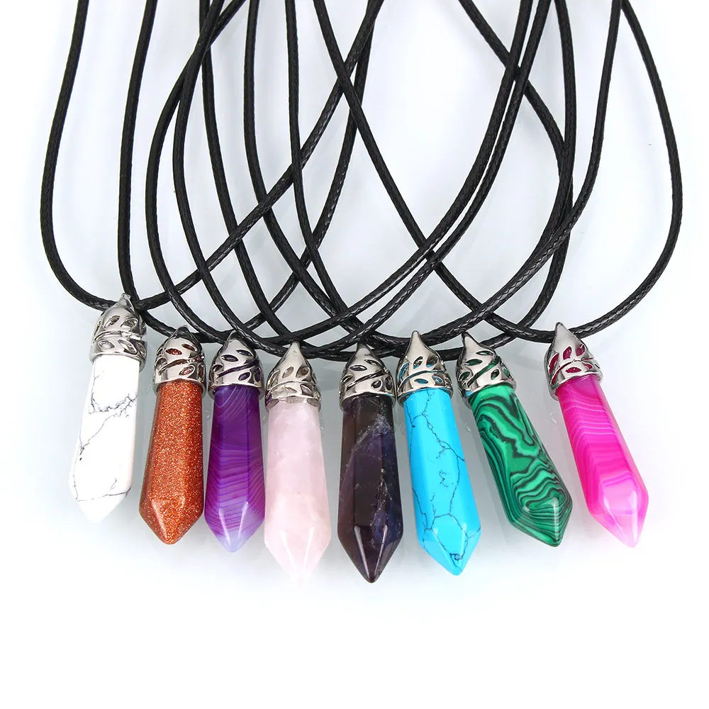 

Vintage Natural Stone Pendants Necklace Crystal Quartz Gem Stone Leather Cord Statement Pendant Necklace For Women