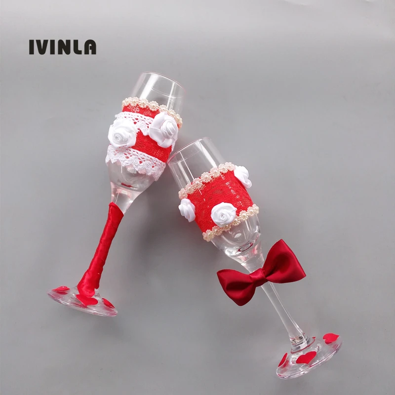 Newest 2pcs Lot Wedding Toasting Glasses With Red Satin Ribbon Bow