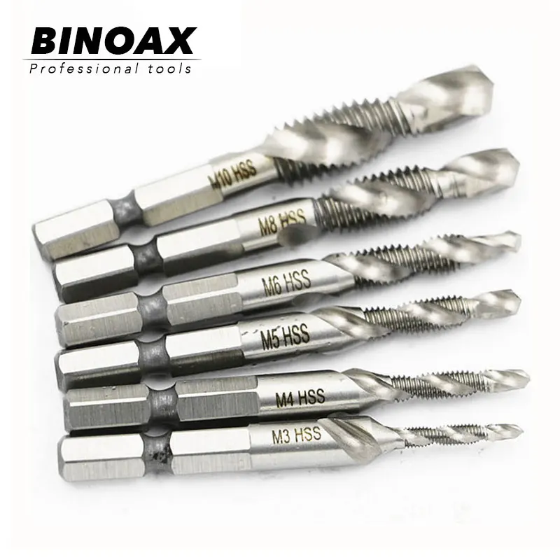  BINOAX M3-M10 6pcs/set High-speed Steel Combination Drill Tap Bit Countersink Hex Shank