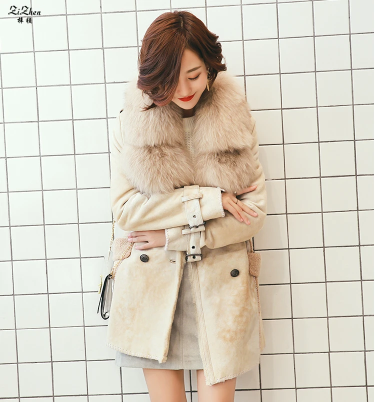 Winter Women's Double-faced Fur Real Lamb Fur Kid Suede Coats Natural Fox Fur Collar Long Jacket The Coat Promotion 180629-1