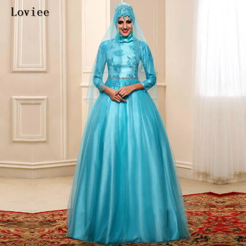 Amazing 3 4 Sleeve Appliques Beads Ice Blue Formal Arabic Dubai Kaftan Evening Dresses 2017 with