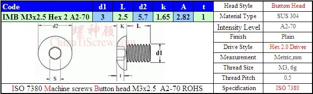 Винты из нержавеющей стали M3x2.5 головка кнопки ISO 7380 шестигранный драйвер A2-70 полированный ROHS 100 шт