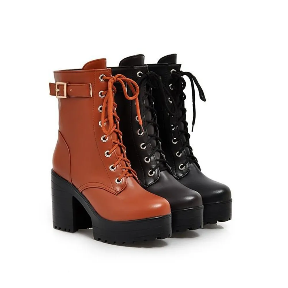 

Women Thick Platform Lace-Up Vintage Punk Boots PU Leather Ankle Boots