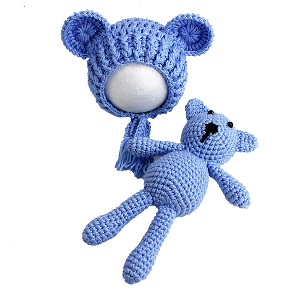 Реквизит для фотосъемки, тканая шапка, медведь, игрушка, вязанная крючком для новорожденных девочек и мальчиков - Цвет: Синий