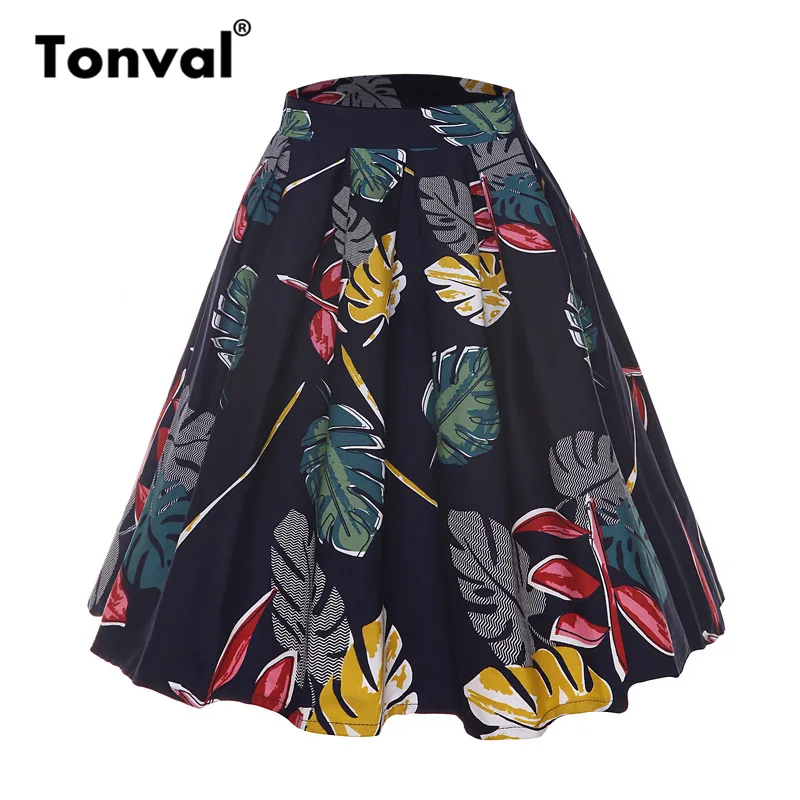 

Tonval Vintage Midi Skirt Women Multicolor Leaf Print Cotton Skirts Retro Elegant Pin Up Girls High Waist Pleated Skirt