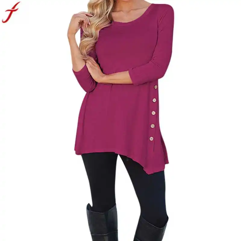 Женская блуза большого размера с длинным рукавом, Свободная блуза с пуговицами, однотонная туника с круглым вырезом, рубашка размера плюс, Feminina Camisas - Цвет: C