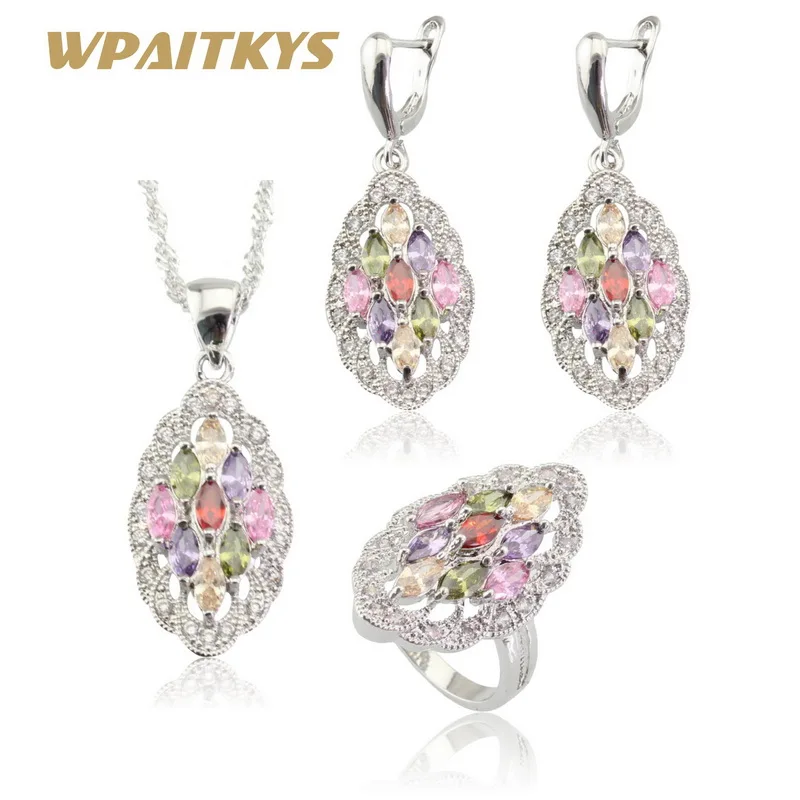 

WPAITKYS Multicolor Stones Silver Color Jewelry Sets For Women Necklace Pendant Drop Earrings Rings Free Gift Box