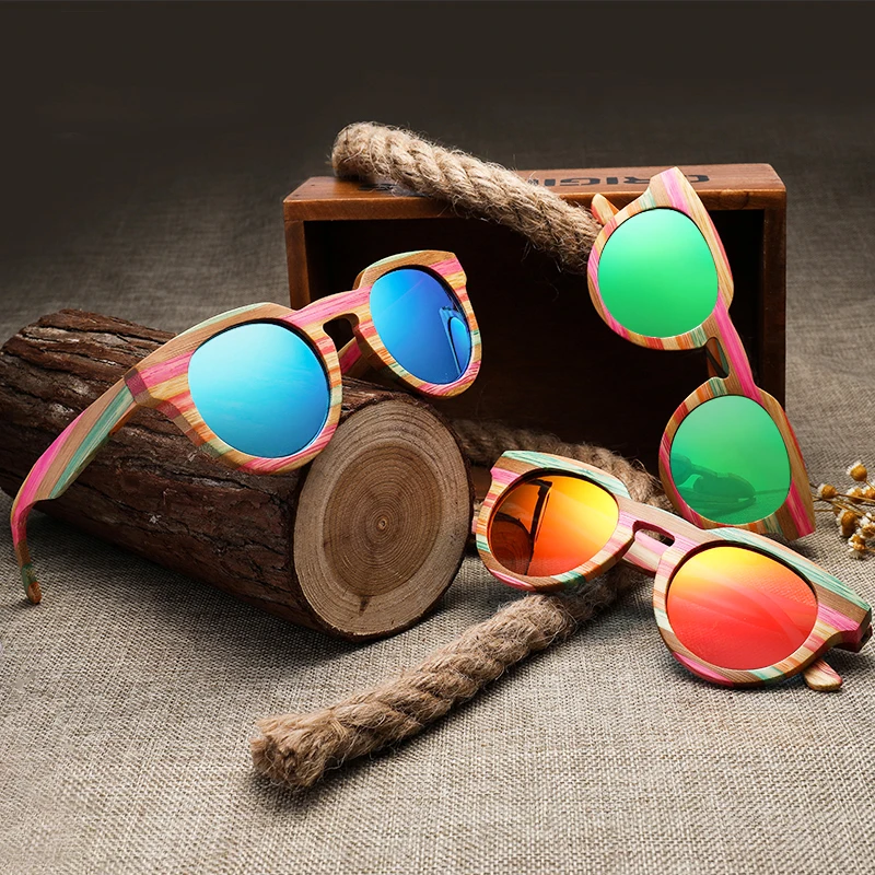 Круглые деревянные бамбуковые солнцезащитные очки поляризованные линзы радужные солнцезащитные очки UV400 с чехлом