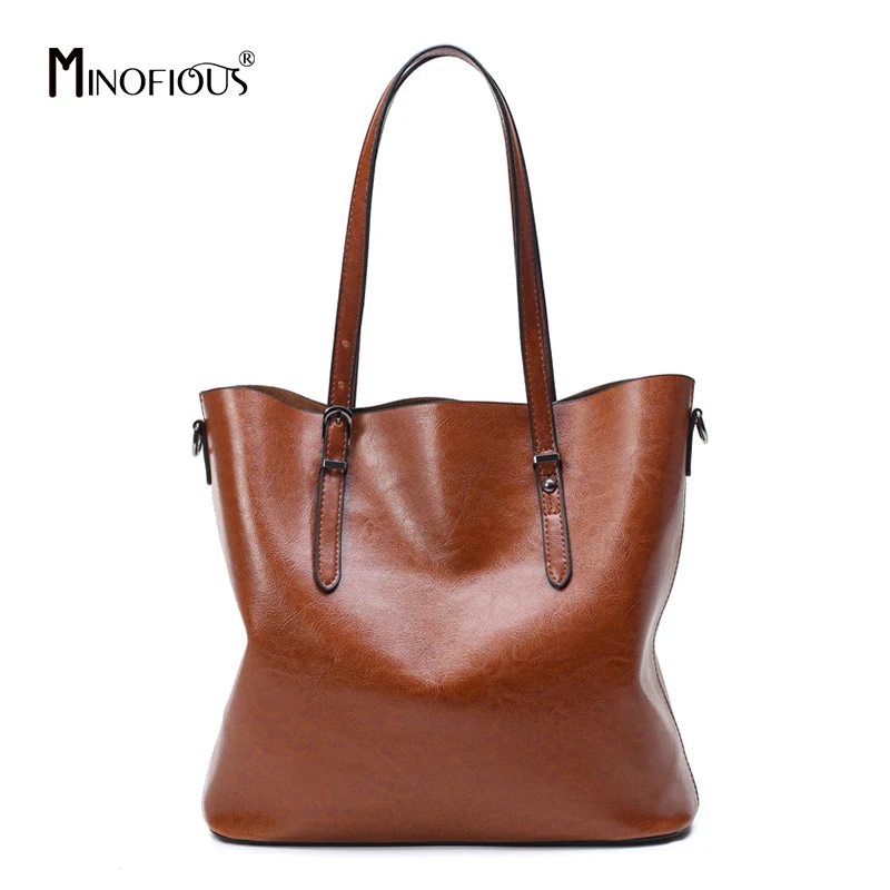 

MINOFIOUS Women PU Leather Handbags Female Large Capacity Solid Bucket Bag Ladies High Quality Shoulder Bags bolsos mujer