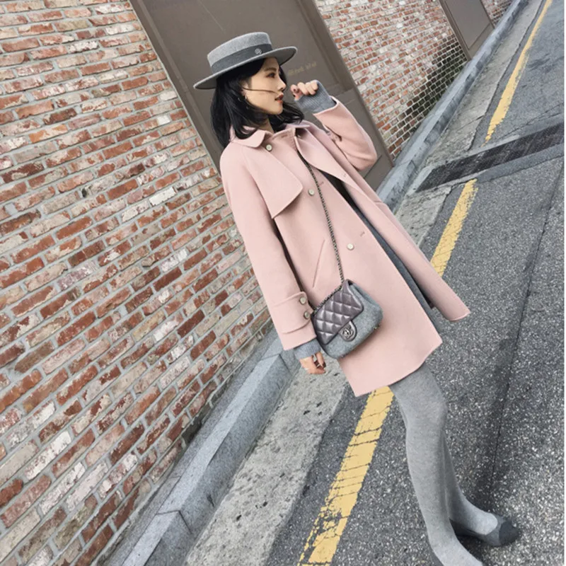 

Woolen Coat Female Long Section 2018 Autumn Winter New Solid Color Double Breasted Loose Large Size Chic Women Wool Coat LQ154