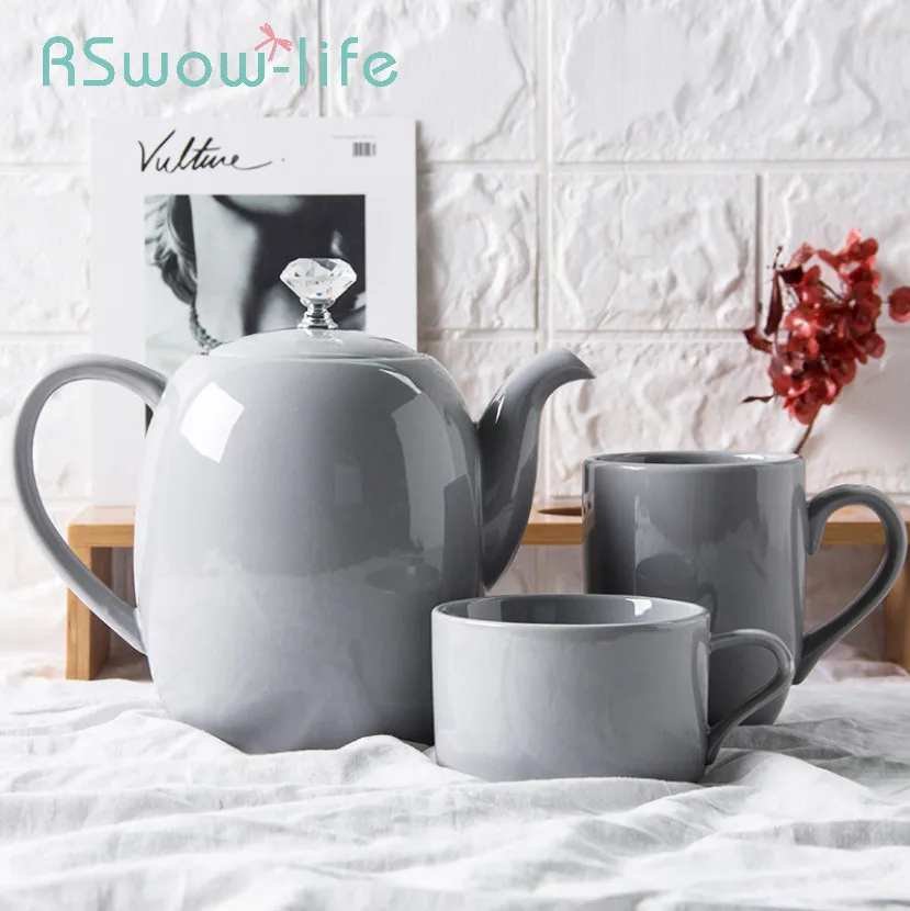 

Light Gray Crystal Diamond Handle Ceramic Teapot Flower Tea pot Heat-resistant Juice Pot Jug Teteras De Coleccion Teapot Set