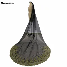 Новое расшитое золотистым кружевом черный тюль Длинные свадебная фата один слой 3 метровый собор свадебная Фата с расческой свадебные аксессуары