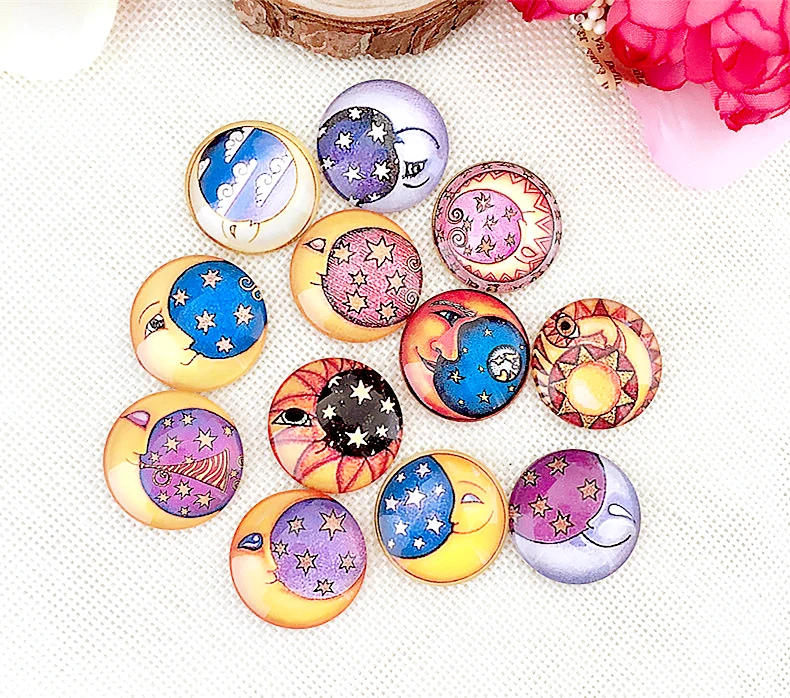 

Free Shipping 14Pcs Mix Stars and Months Image Round Cabochon 20mm or 25mm Vintage Glass Cabochon Findings
