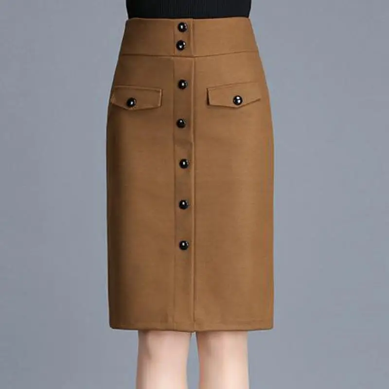 Осень Зима Модные женские коричневые черные однобортные шерстяные юбки-карандаш, повседневные женские, с высокой талией шерстяные 4XL юбки