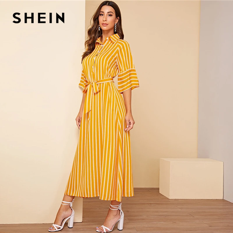 SHEIN abaya/желтое Полосатое платье с поясом и пуговицами, полупланка, макси, скромное платье, женские летние осенние офисные женские платья трапециевидной формы