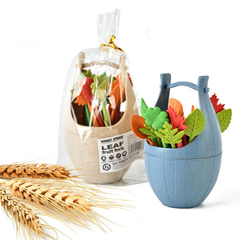 

16pcs/set Barrel Leaves Fruit Fork Fruit Toothpick Lunch Cake Dessert Pick for ChildrenWedding Party Home Decor