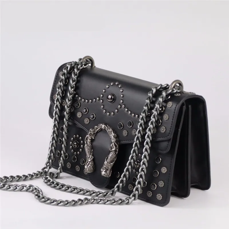 

Luxury Fashion Rivet Chain Casual Shoulder Bag Messenger Bag Retro Women Leather Bag\Handbag Lady Big Black Tote Motorcycle Bags