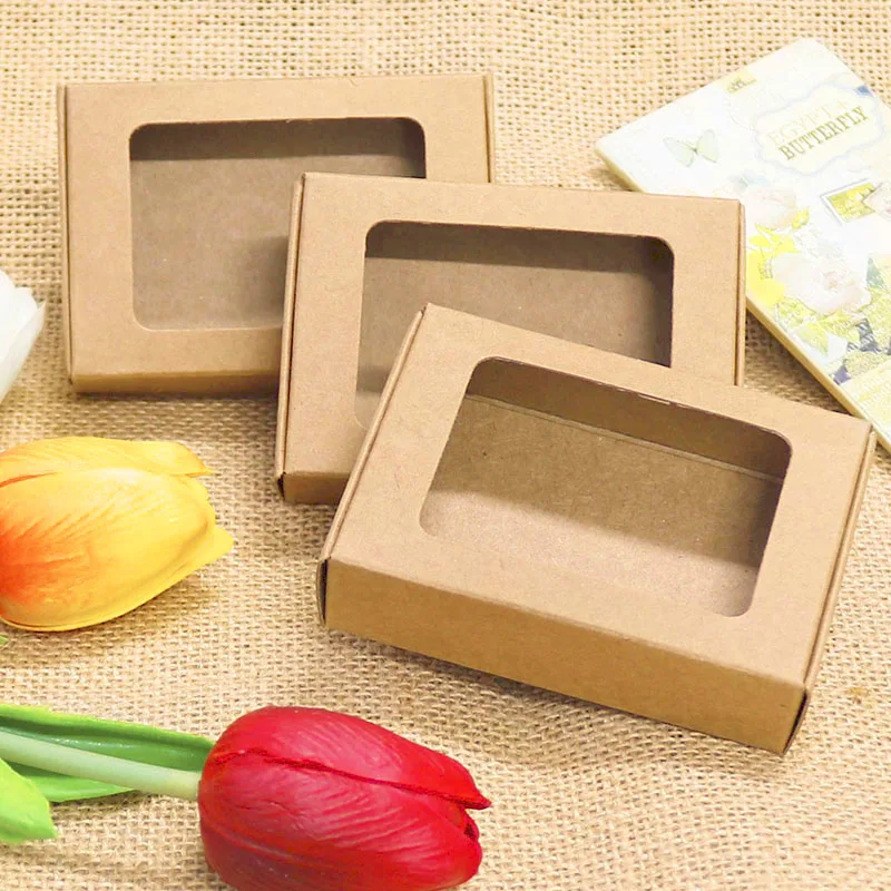 20 pcs فارغة كرافت صندوق ورقي مع نافذة صابون يدوي الصنع مربع مجوهرات الكوكيز هدية صندوق حلوى الزفاف حزب الديكور 85x60x22mm