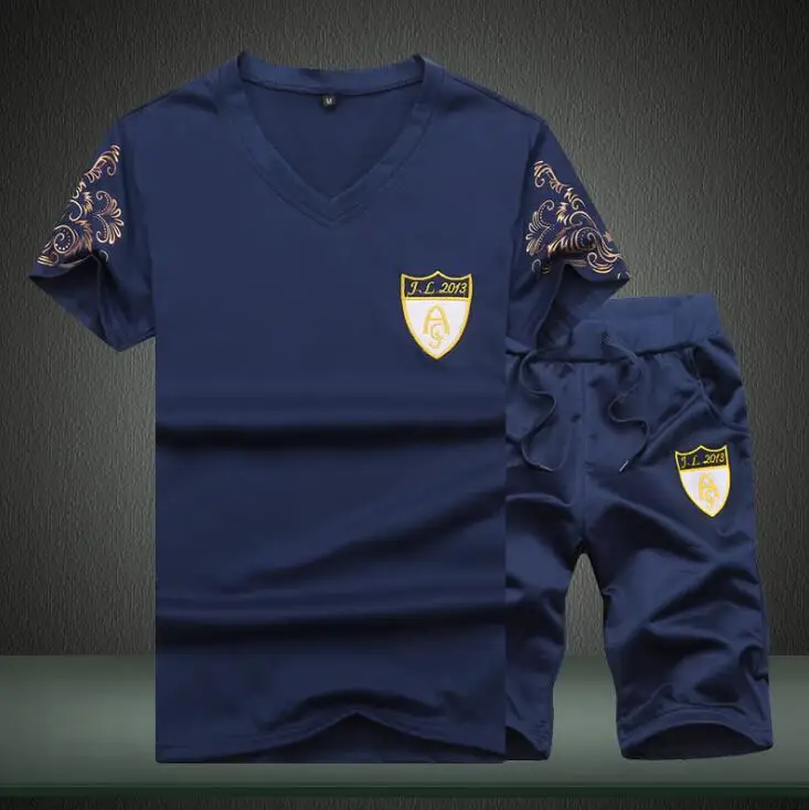 اللياقة البدنية الدعاوى الصيف 2 قطعة أعلى قصيرة مجموعة رجل يقف طوق 2019 الأزياء 2 قطعة تي شيرت السراويل رياضية العلامة التجارية Sportsuits مجموعة ال...