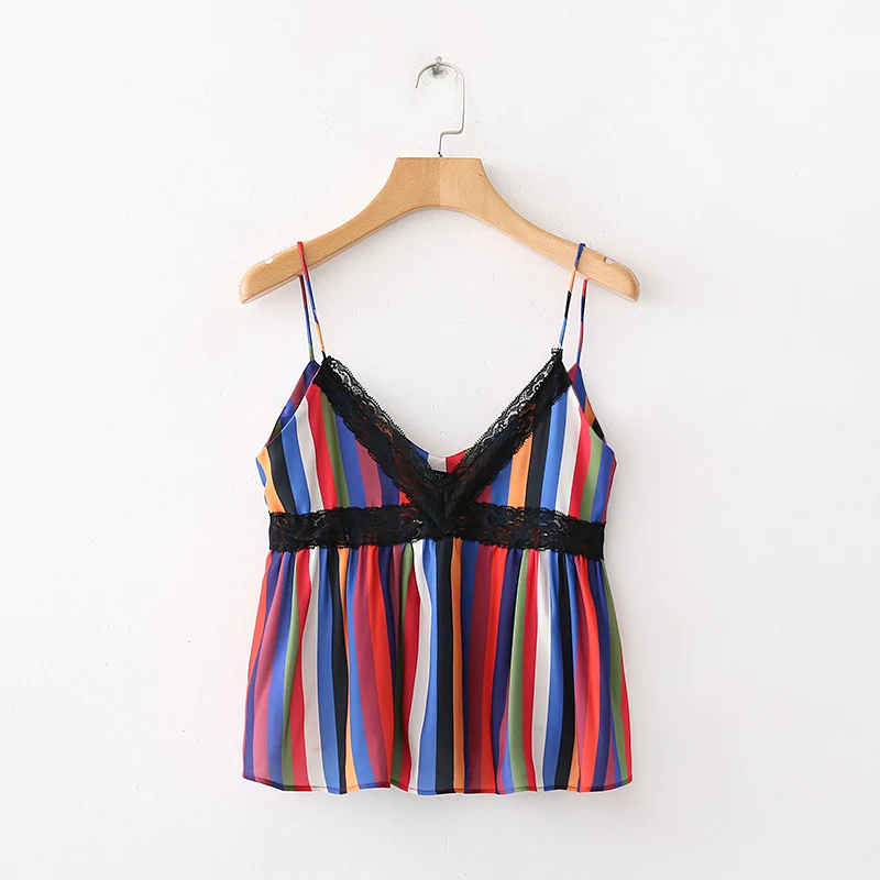 

Summer Women's Suspenders Casual Color Striped Lace Decorative Halter