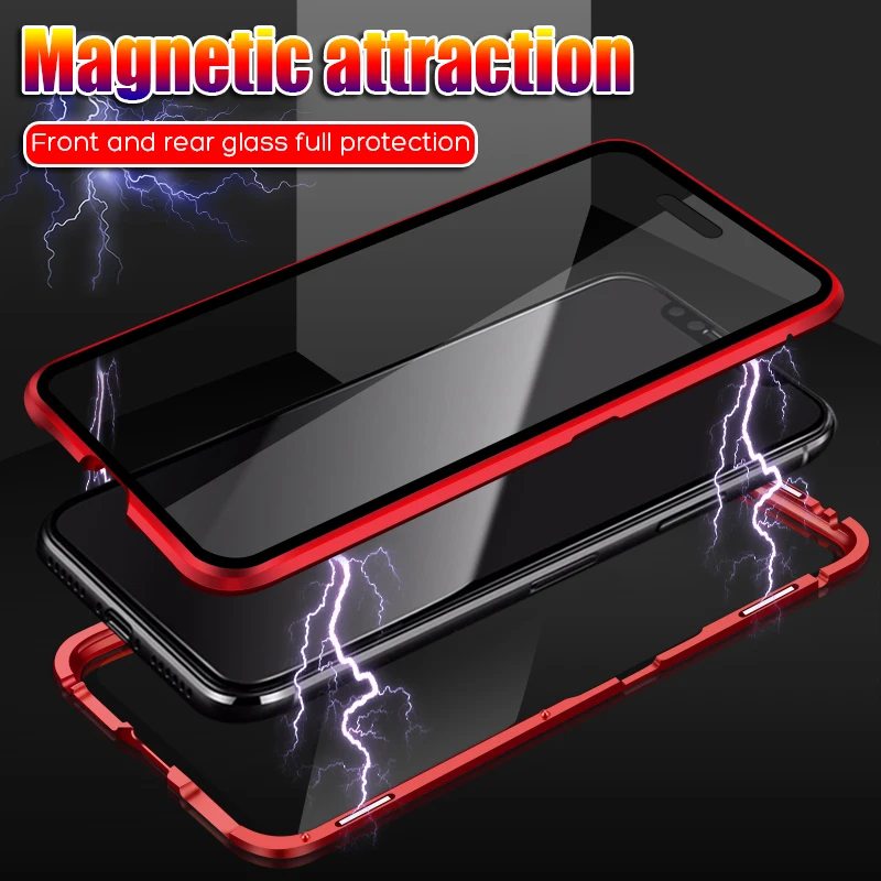 

Metal Magnetic Case for iPhone XR XS MAX X 8 Plus 7 +Tempered Glass Back Magnet Cases Cover for iPhone 7 6 6S Plus Case
