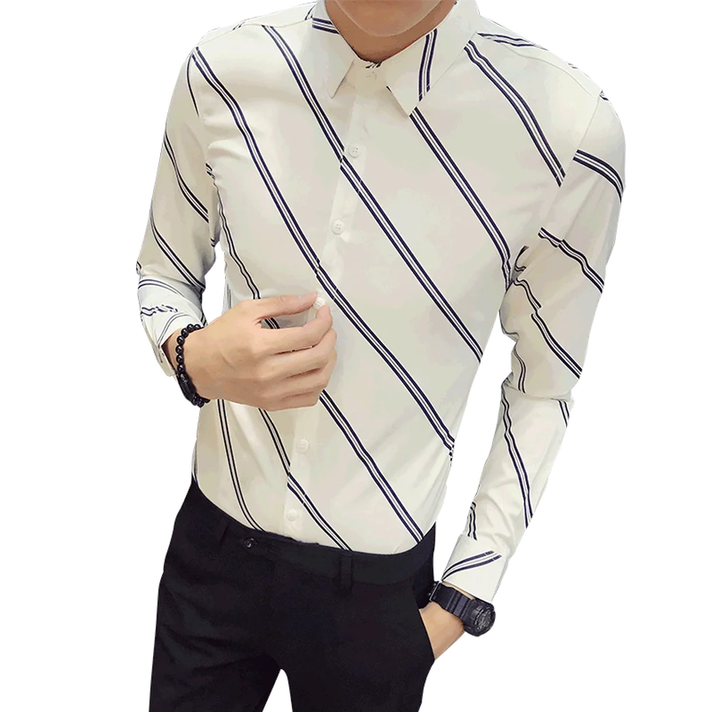

Diagonal Stripes Long Sleeve Man Shirt 2018 Autumn Black White England Style Shirt Dress Slim Fit Casual Striped Mens Shirts