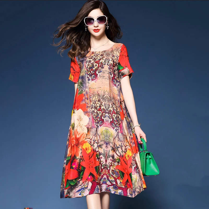 

New 2019 Spring Retro Multicolor Floral Printing Loose Dress Plus Size 3XL Summer Short Sleeve Womens Faux Silk Elegant Dresses