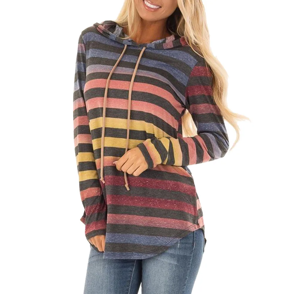 

Womail Women top t-shirt Fashion Stripe Long Sleeve Hoodie Sweatshirt Hooded Pullover Tops Casual Loose Daily 2019 dropship f4