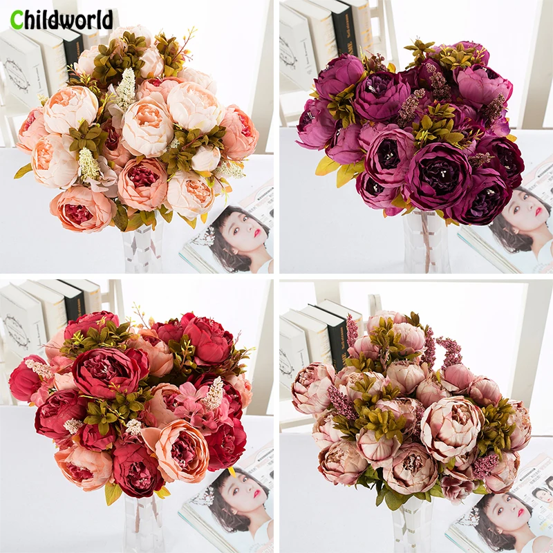 

13 Silk Peony Flower Simulation Flower European Core Peony Five Color Wedding Bridal Bouquet Home Party Decoration