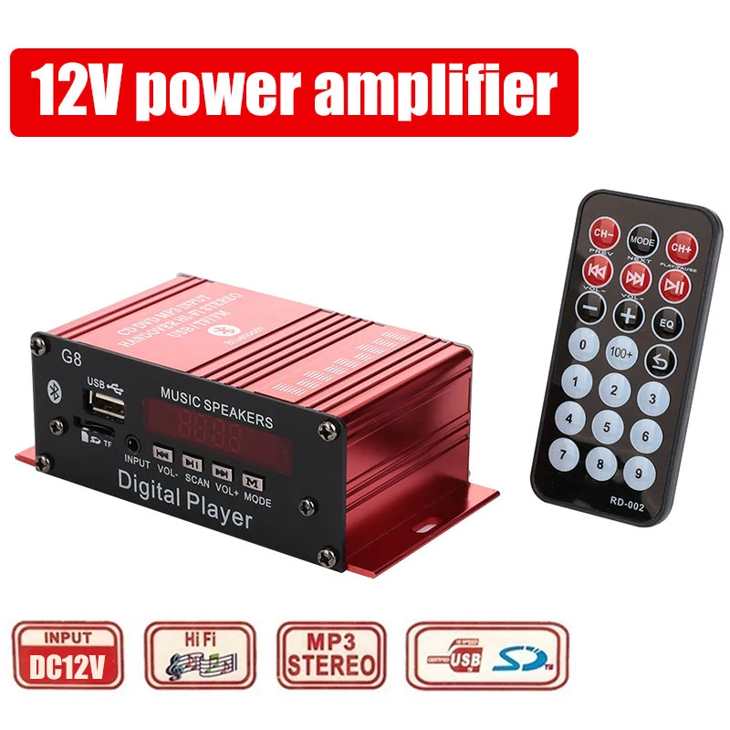 

G8 12V Car Amplificador HIFI Audio Power Amplifier Bluetooth Digital Player Car Theater Amplifiers FM Radio USB/TF with Remote