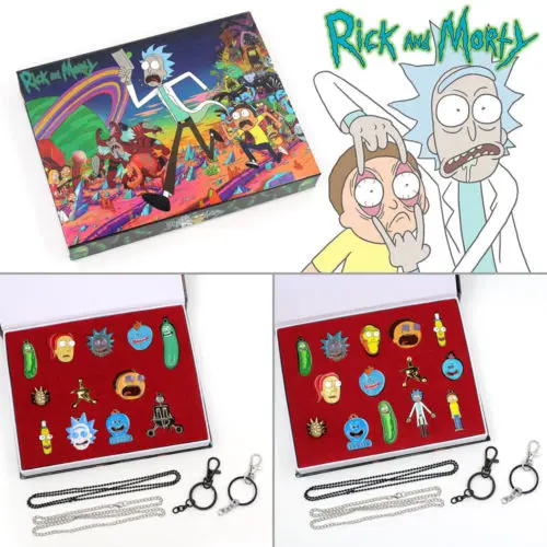 

14Pcs/Set Pickle Rick and Morty Summer MEESEEKS Council of Ricks Metal Pendants+Pins+Ring+Necklace+Keychain+Gift Box Collection