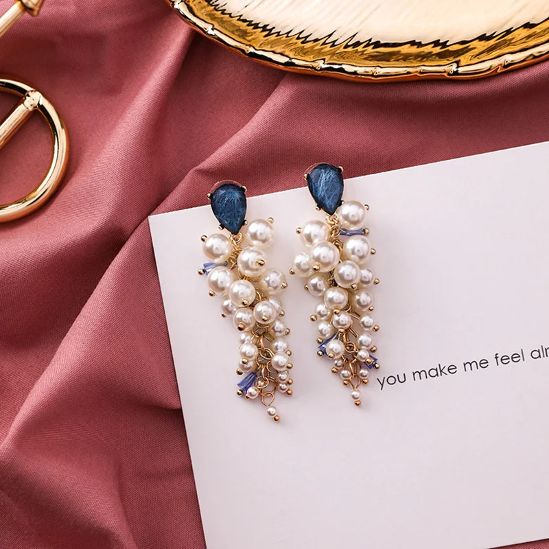 Korean Earring Simulated Pearl Beads String Aretes Long Drop Earrings for Women Girl Party Earrings Gifts Crystal Design Earring (8)