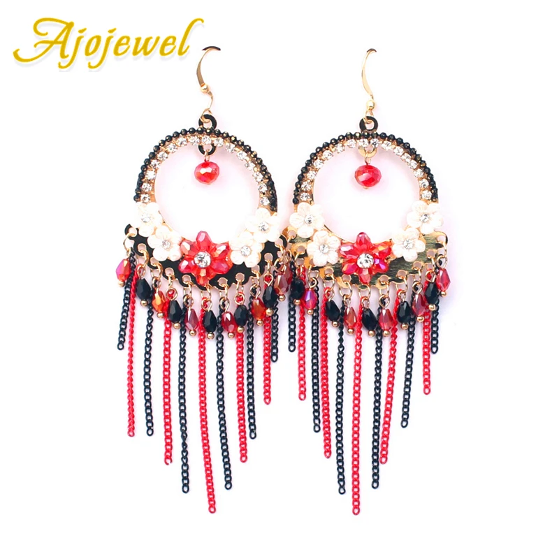 

Ajojewel Shell Flower Bohemia Ethnic Style Gold-color Earrings Tassel Long Drop Earrings Red Crystal Womens Costume Jewelry
