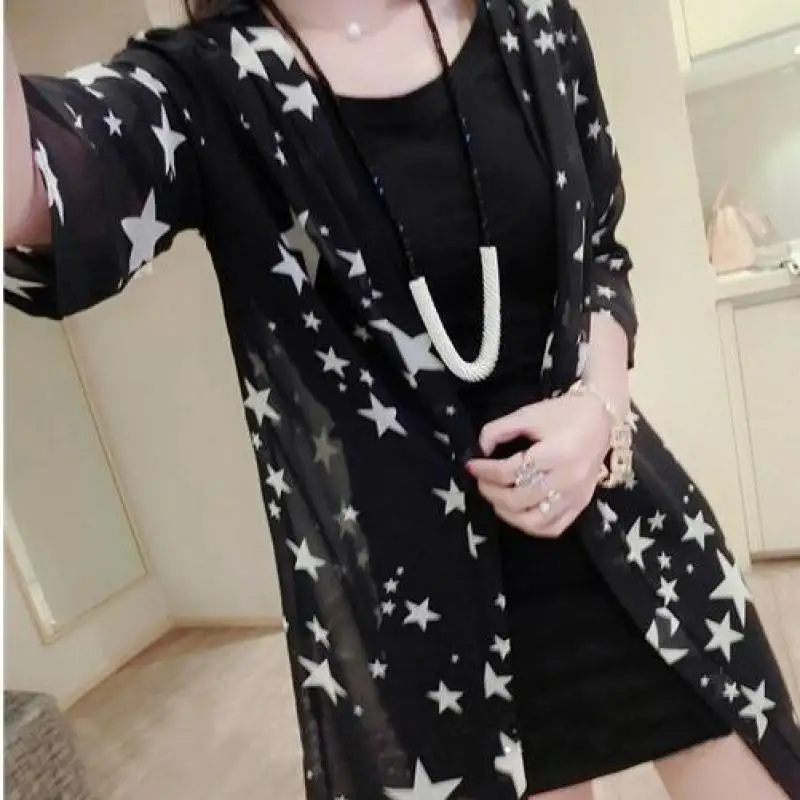 

Zuolunouba 2019 New Casual Ladies Shirts Chiffon Half Sleeve Summer Fashion Star Print Black Blouses Women Top Sunscreen