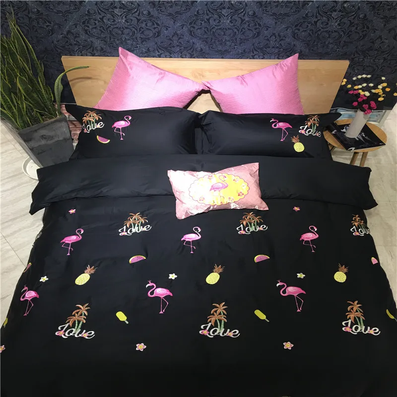 font b Cute b font Flamingo Black Solid Queen King Size Egyptian Cotton Embroidery Technics