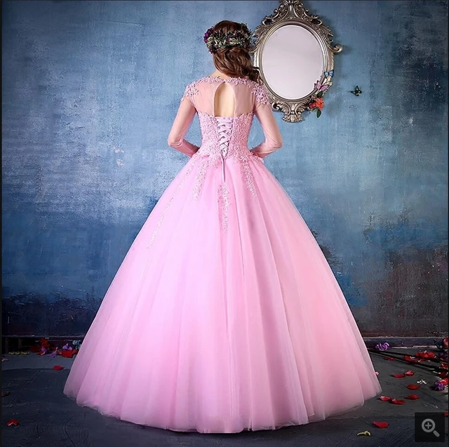 Gorgeous Ball Gown Lace Appliques Pink Prom Dresses Long Sleeve Sheer Back  Sexy Prom Gowns Best Selling - Prom Dresses - AliExpress