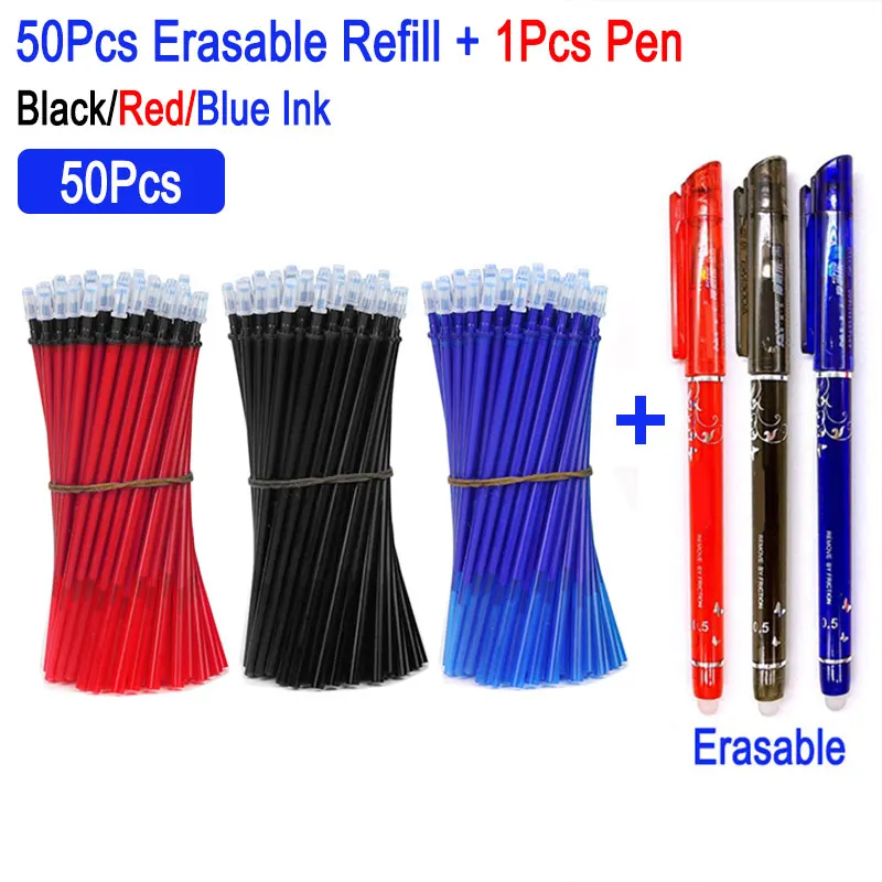 DELVTCH 50Pcs/Set 0.5mm Gel Pen Erasable Pen Refill Rod Magic Erasable Pen Replacement Blue Black Red Ink Stationery Writing 13pcs lot erasable pen refill set washable handle 0 38mm blue black ink refill rod erasable pen for school office writing tool