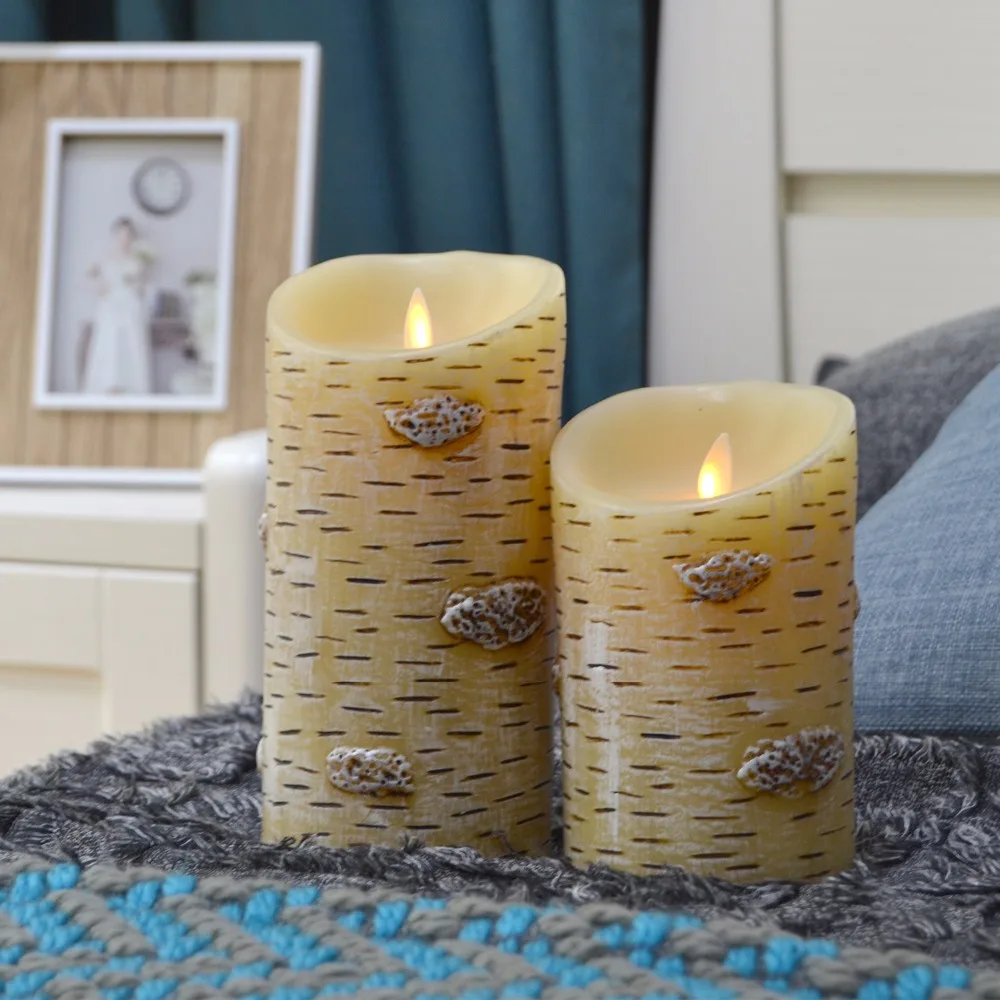 2pcs Luminara Birch Bark Effect LED Candle Flameless Moving Wick Wax