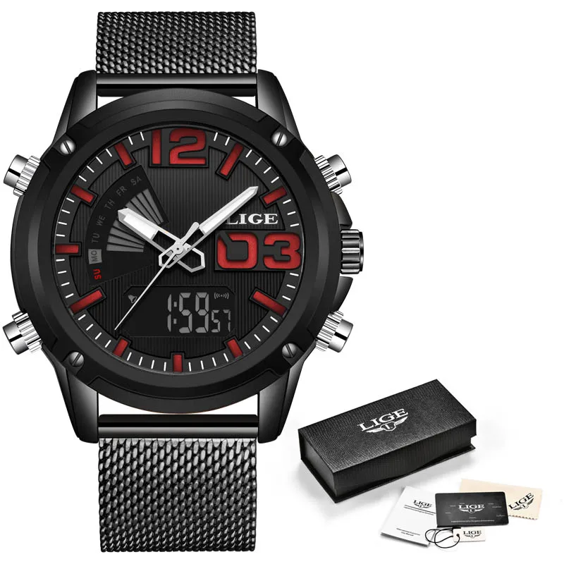 LIGE аналоговые цифровые мужские часы Топ люксовый бренд из нержавеющей стали спортивные часы мужские модные водонепроницаемые наручные часы мужские+ коробка - Цвет: Black Red