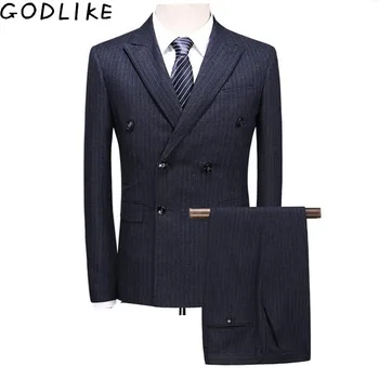 

Double Breasted Suit 2019 Mens Slim Fit Grey Navy Blue Mens Stripe Suits Classic Formal Dress Wedding 3 Piece Suit Man