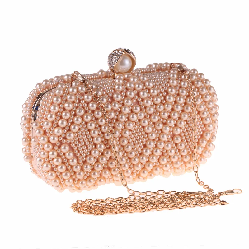 

New Evening Party Clutch Pouch For Women Solid Beading Fashion Lady's Handbag Envelope Metal Chain Shoulder Crossbody Messenger